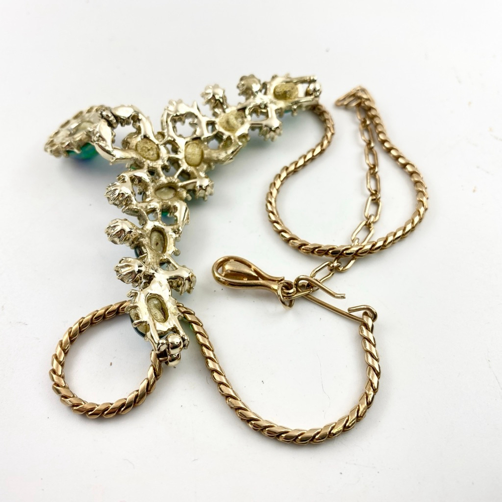 Vintage Coro Peacock Green Polychrome Cabochon Necklace Rhinestone Statement. - Picture 8 of 8